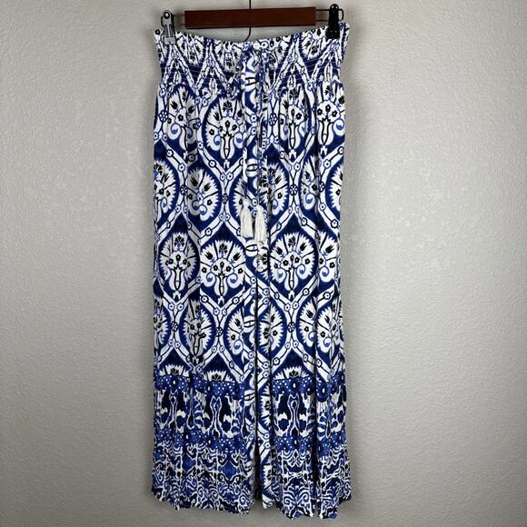 Haute Hippie Womens Blue White Mosaic Print Maxi Skirt Size M Pockets Tassel Tie - Picture 1 of 10
